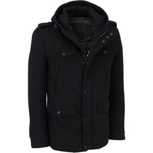 Men's Black Rivet Black Hooded Wool Coat